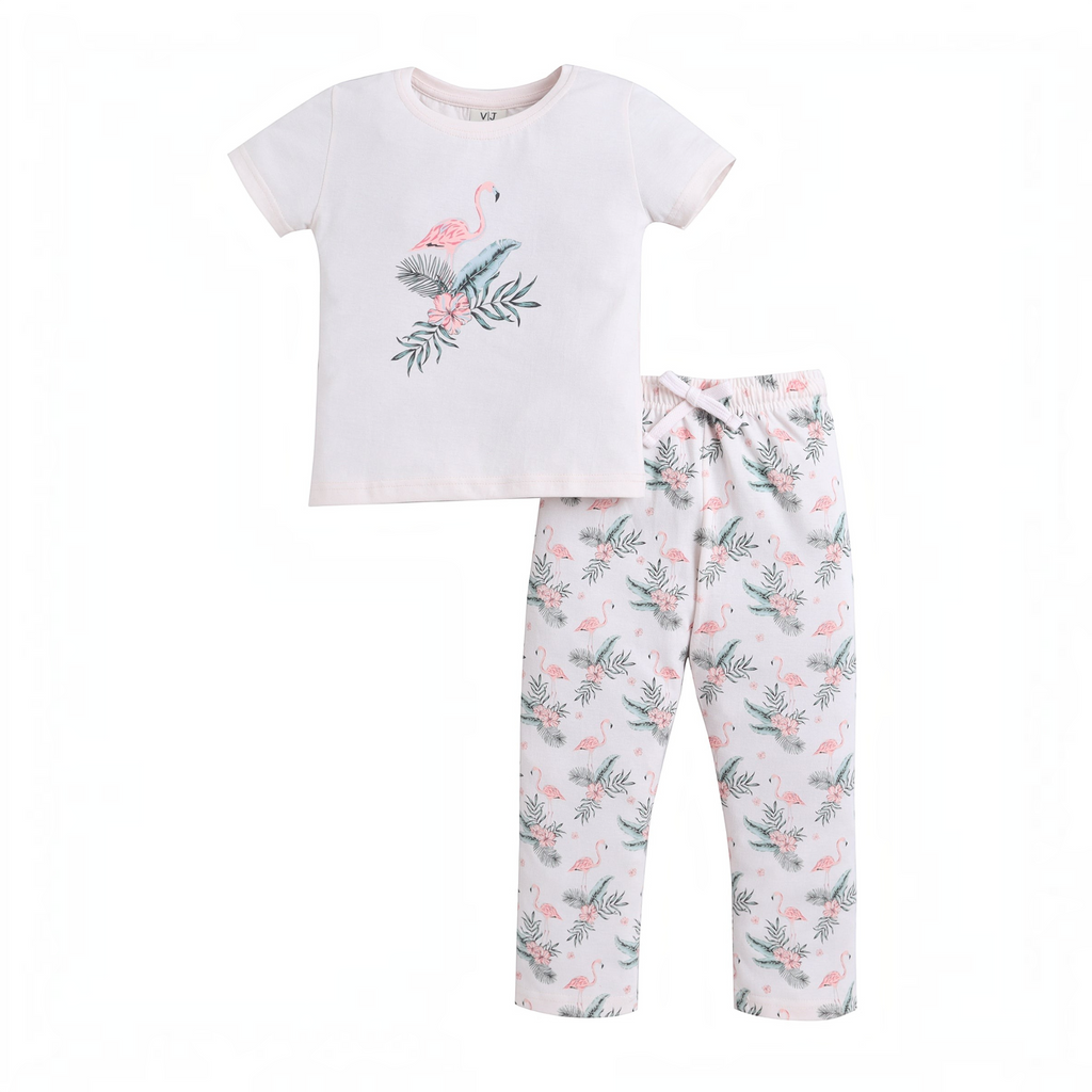 victor and jane girls short sleeve t-shirt and pants set featuring a pink flamingo and tropical leaf print