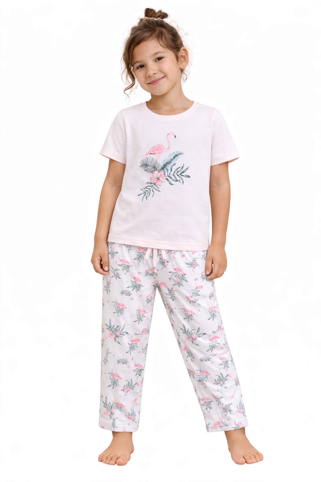 Girls Flamingo Print Cotton Pajama Set “ T-Shirt & Full Pants Nightwear