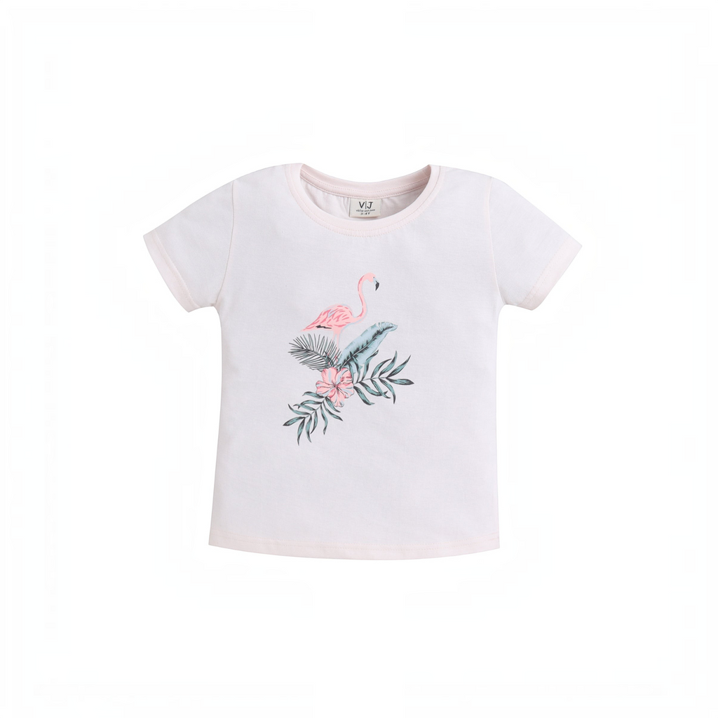 victor and jane girls light pink short sleeve t-shirt featuring a tropical flamingo and floral graphic print