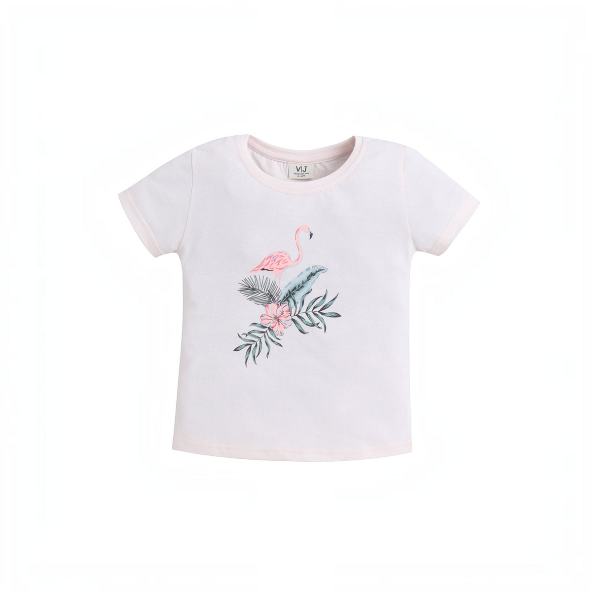 victor and jane girls light pink short sleeve t-shirt featuring a tropical flamingo and floral graphic print