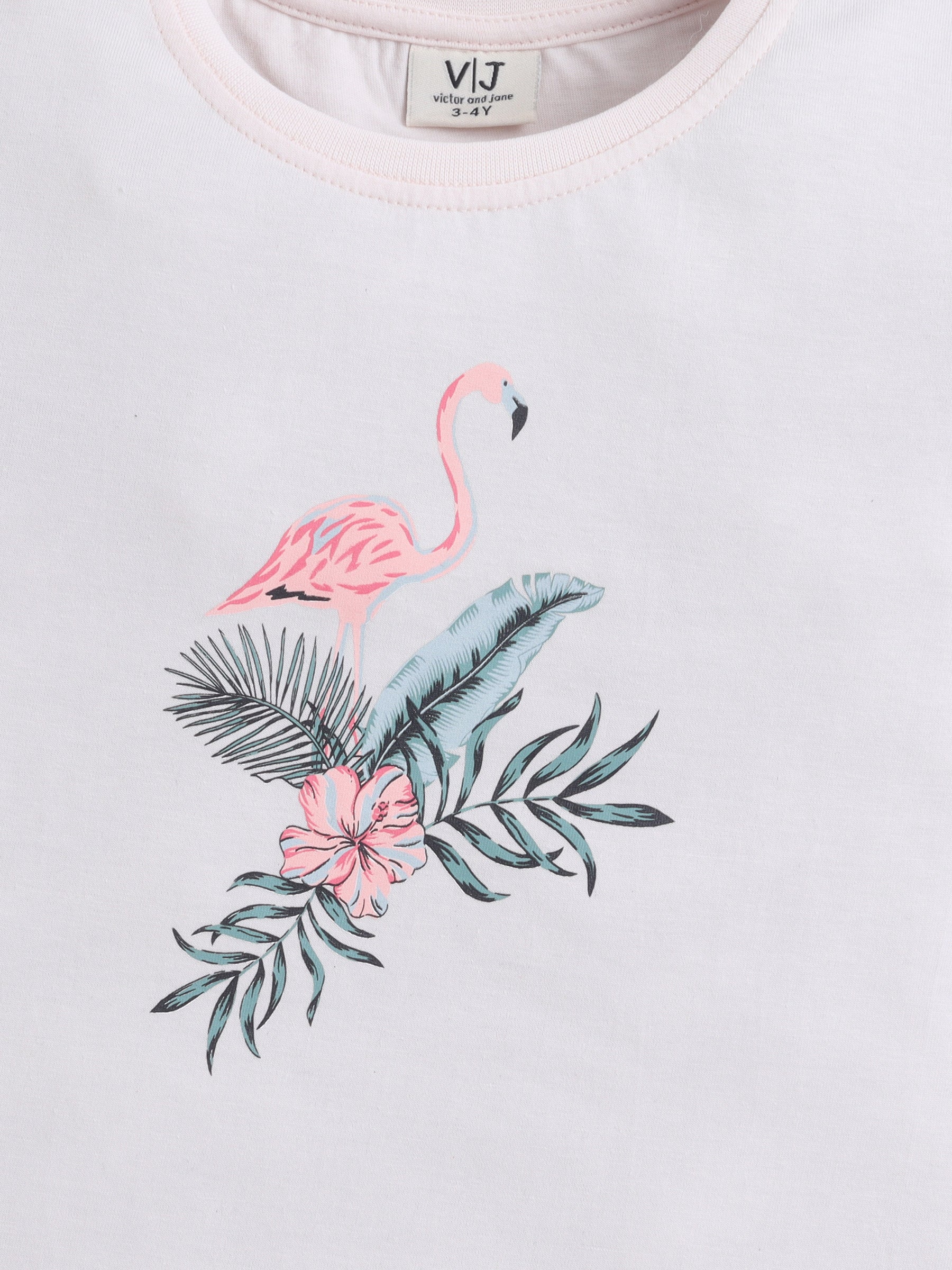Girls Flamingo Print Cotton Pajama Set “ T-Shirt & Full Pants Nightwear