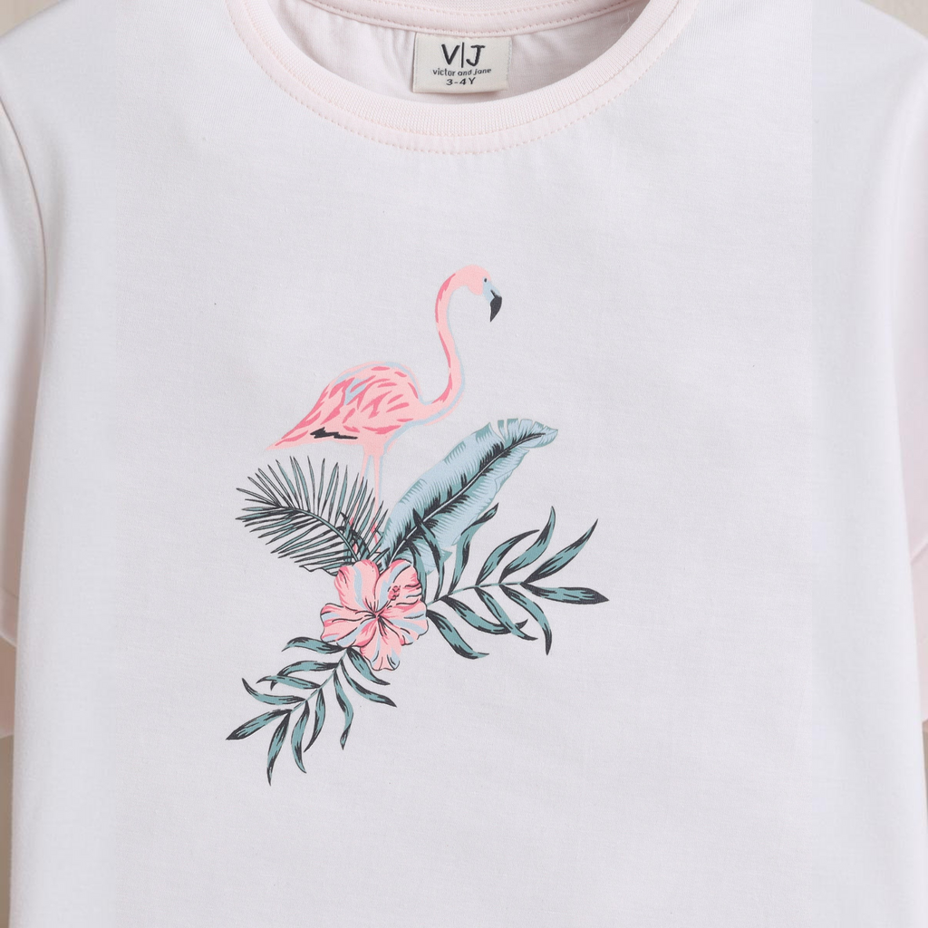 victor and jane girls light pink t-shirt featuring a tropical flamingo, hibiscus flower, and palm leaf print