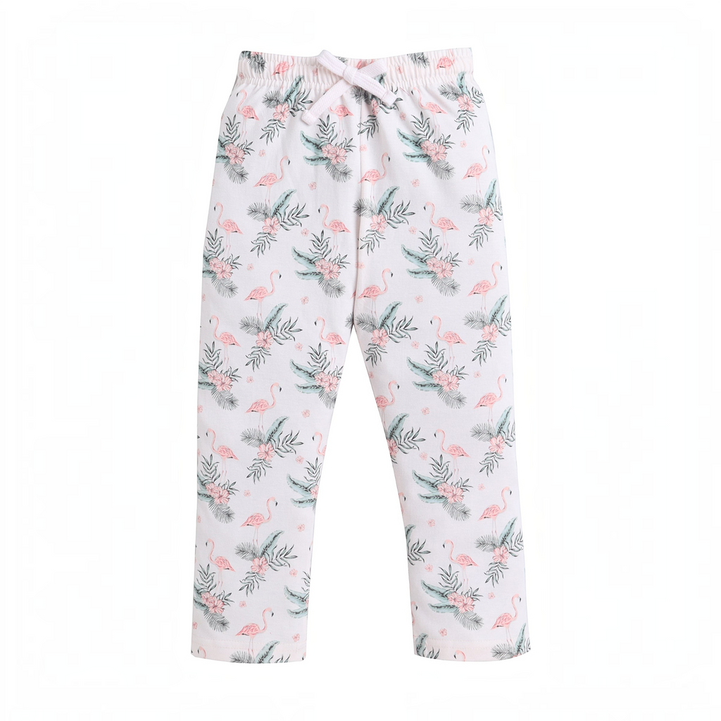 victor and jane girls white lounge pants with pink flamingo and tropical leaf print and an adjustable drawstring waist