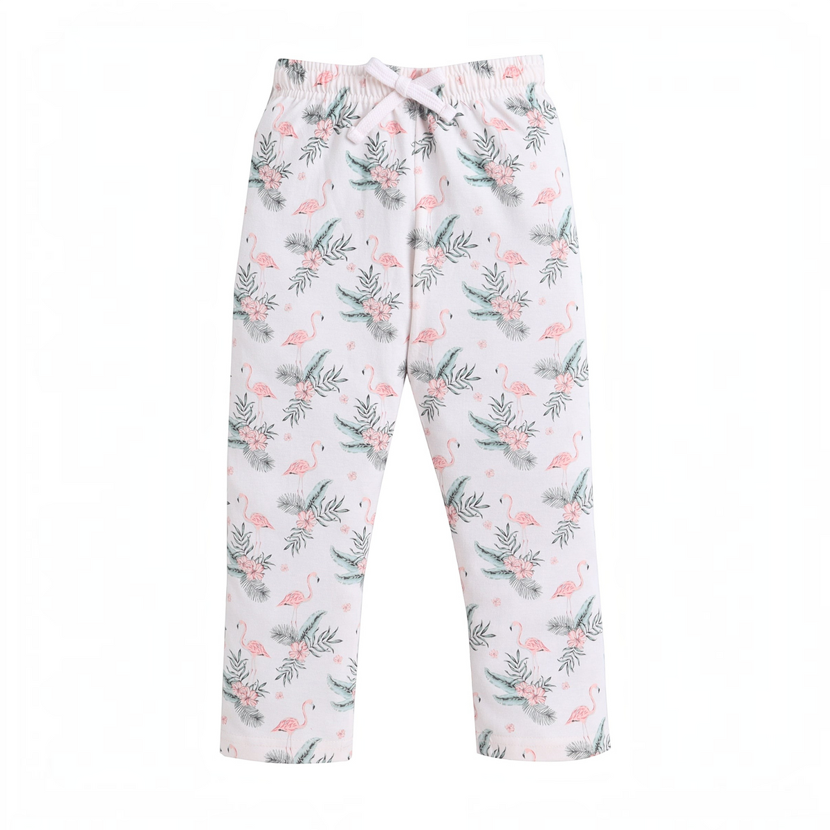 victor and jane girls white lounge pants with pink flamingo and tropical leaf print and an adjustable drawstring waist