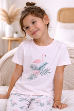 Girls Flamingo Print Cotton Pajama Set “ T-Shirt & Full Pants Nightwear