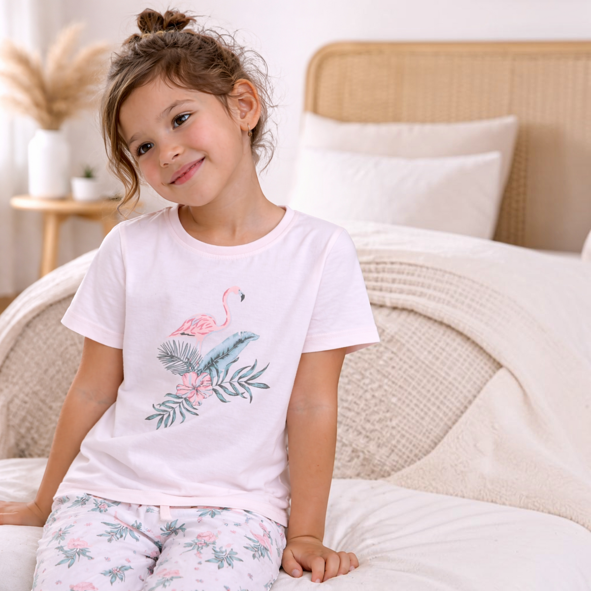Young girl wearing a victor and jane light pink flamingo print t-shirt and floral pajama bottoms on a bed