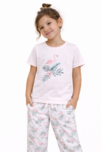 Girls Flamingo Print Cotton Pajama Set “ T-Shirt & Full Pants Nightwear