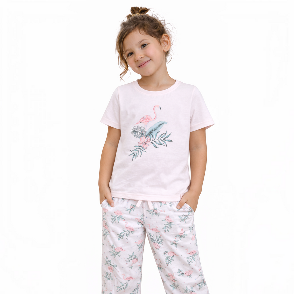 Young girl wearing a victor and jane light pink t-shirt and matching pajama pants with a flamingo and leaf print