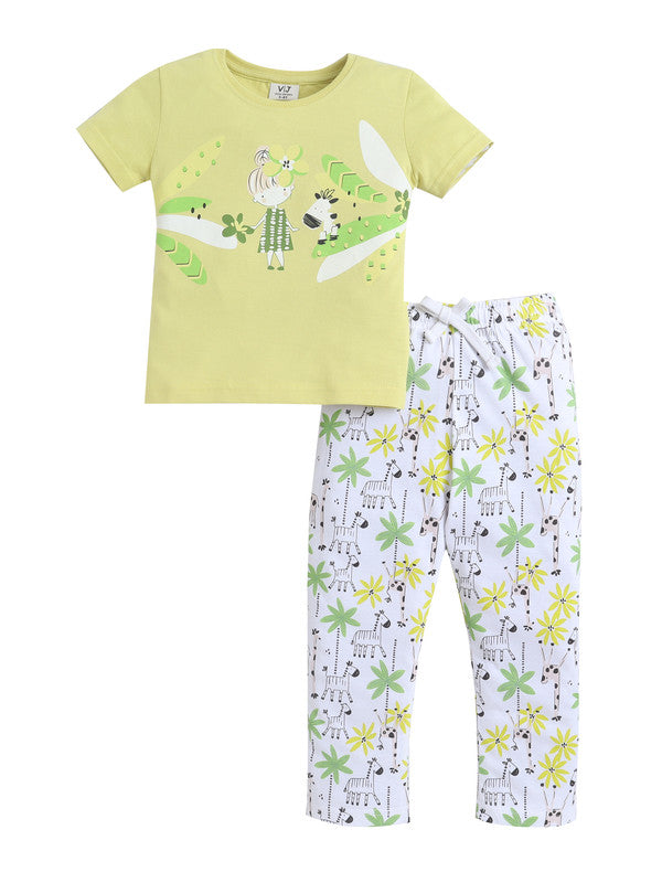 Girls Nature Print Cotton Pajama Set “ T-Shirt & Full Pants Nightwear