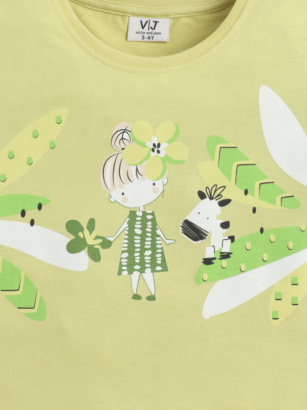 Girls Nature Print Cotton Pajama Set “ T-Shirt & Full Pants Nightwear