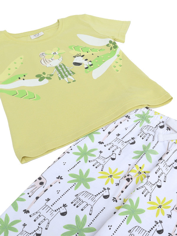 Girls Nature Print Cotton Pajama Set “ T-Shirt & Full Pants Nightwear