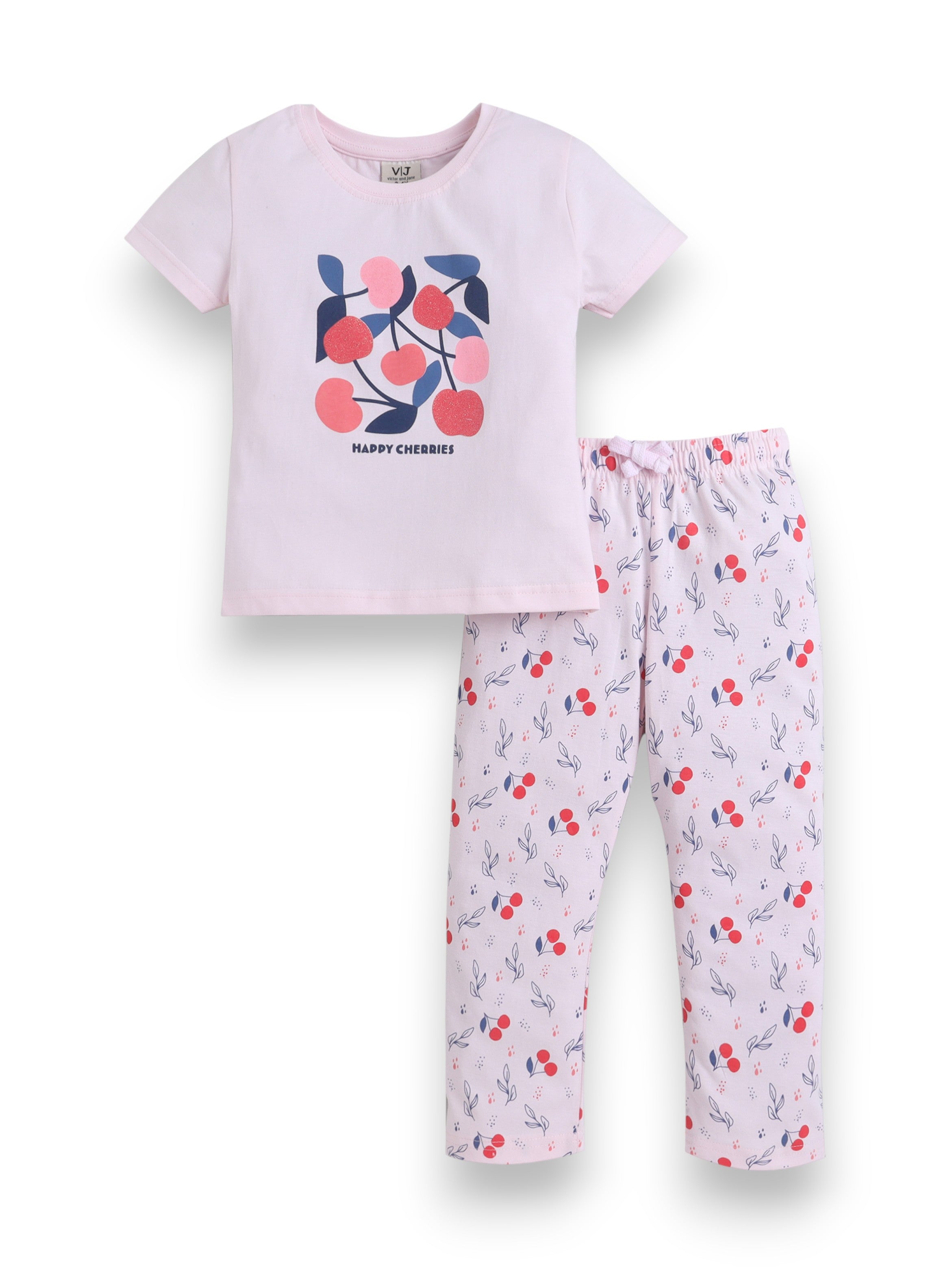 Girls Cherry Print Cotton Pajama Set “ T-Shirt & Full Pants Nightwear