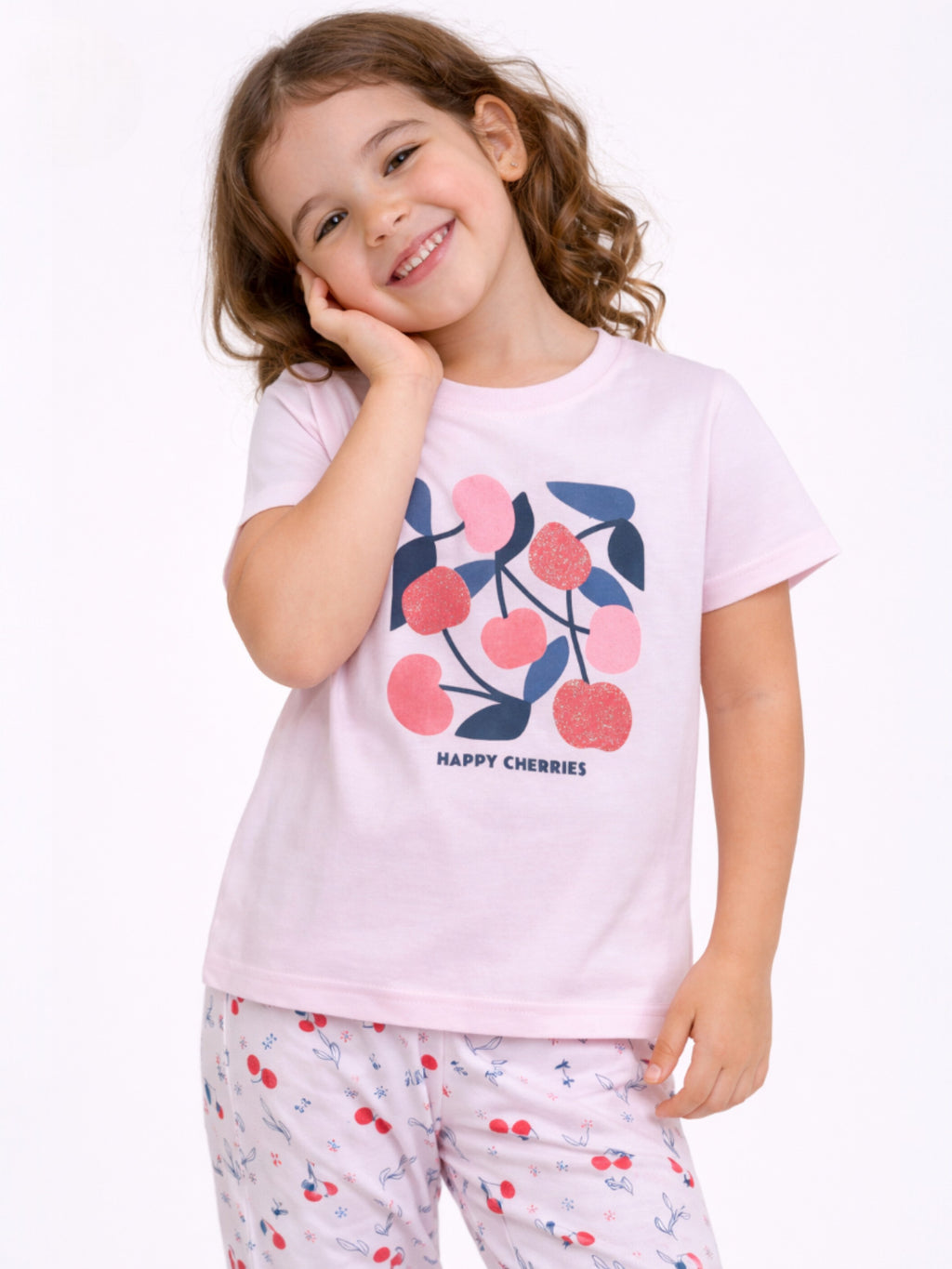 Girls Cherry Print Cotton Pajama Set “ T-Shirt & Full Pants Nightwear