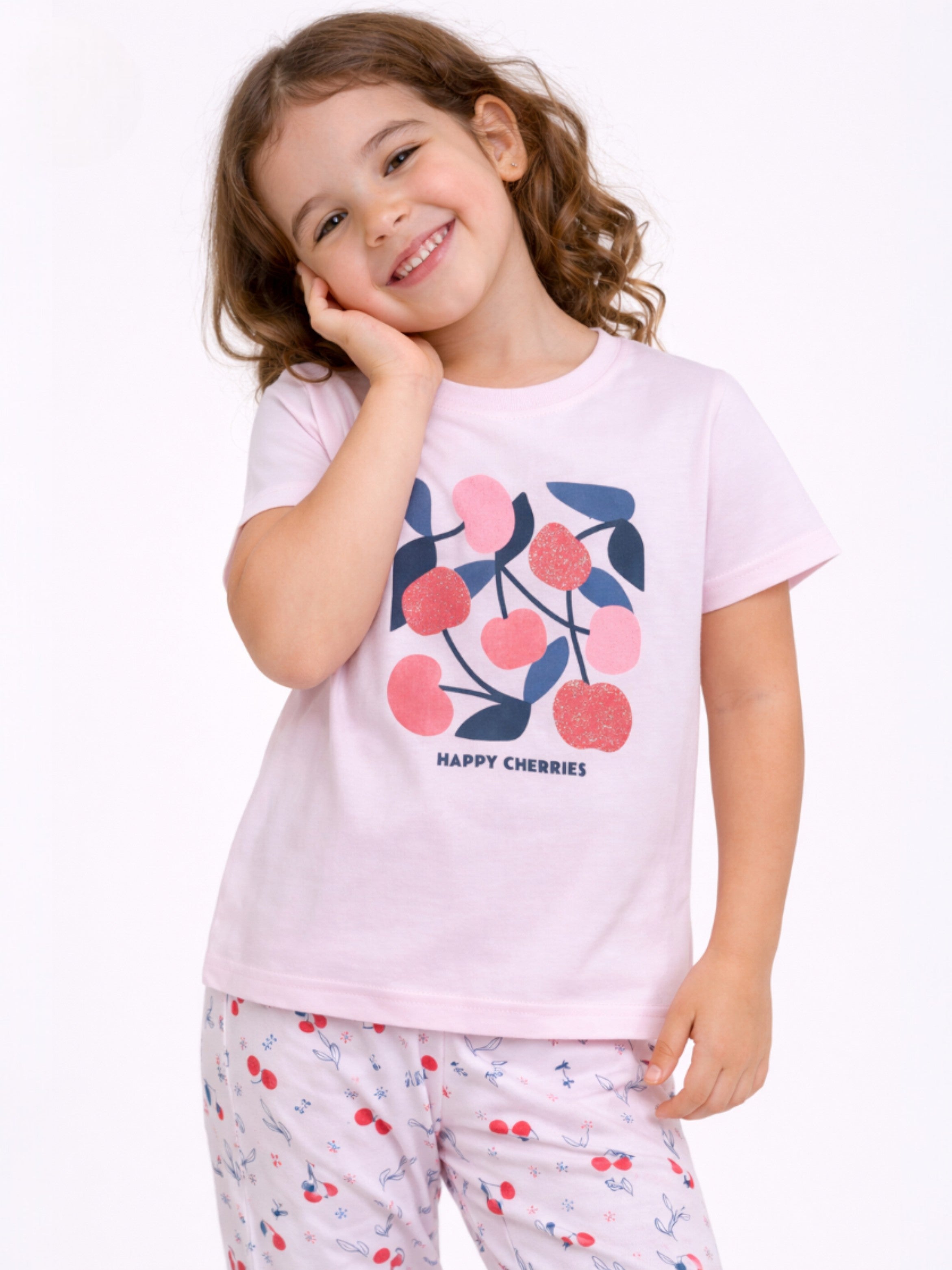 Girls Cherry Print Cotton Pajama Set “ T-Shirt & Full Pants Nightwear