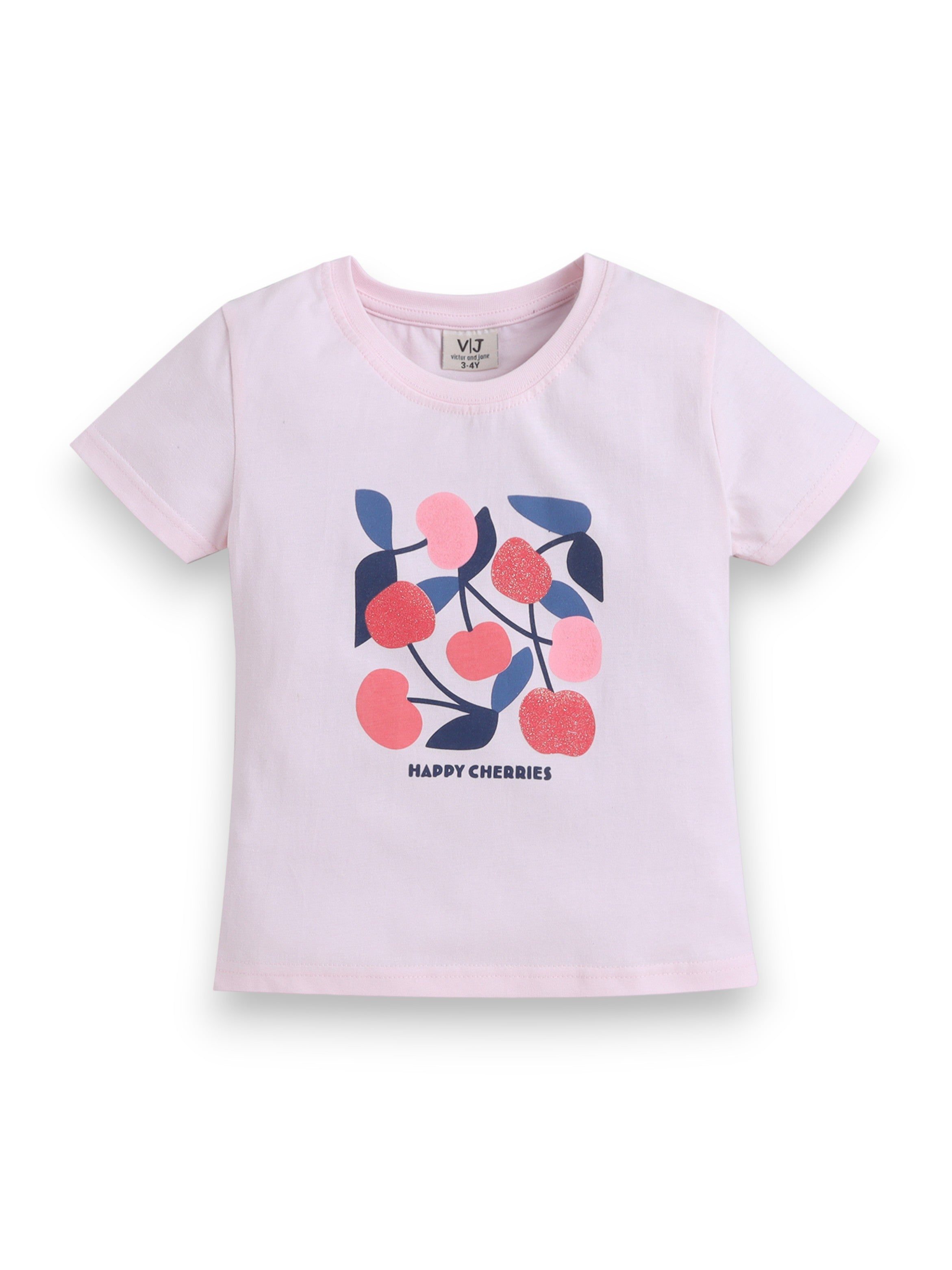 Girls Cherry Print Cotton Pajama Set “ T-Shirt & Full Pants Nightwear