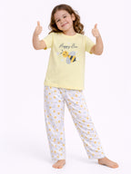 Girls Bee Print Cotton Pajama Set “ T-Shirt & Full Pants Nightwear