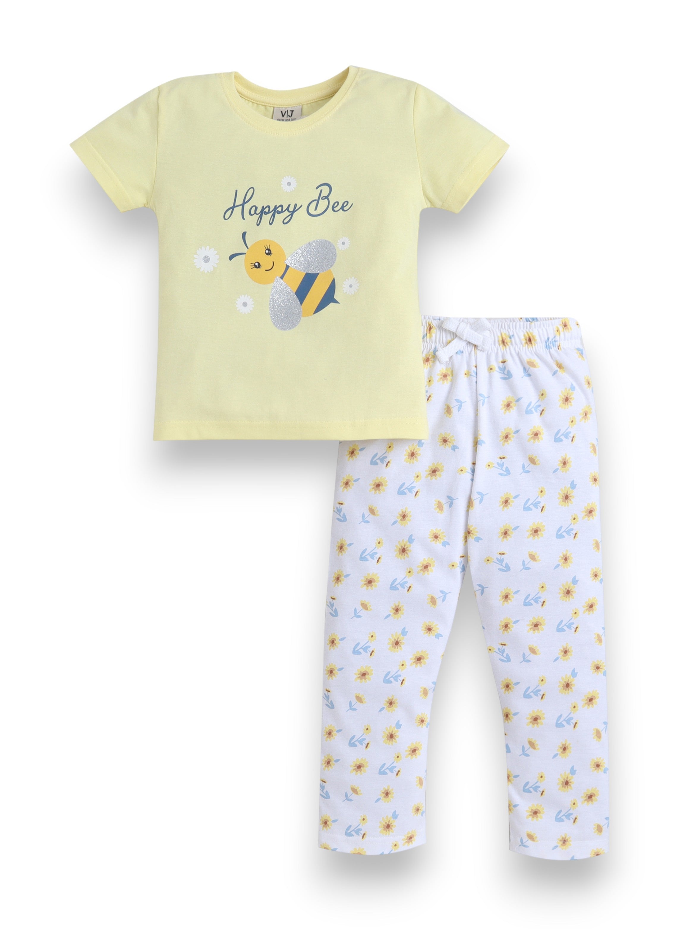 Girls Bee Print Cotton Pajama Set “ T-Shirt & Full Pants Nightwear