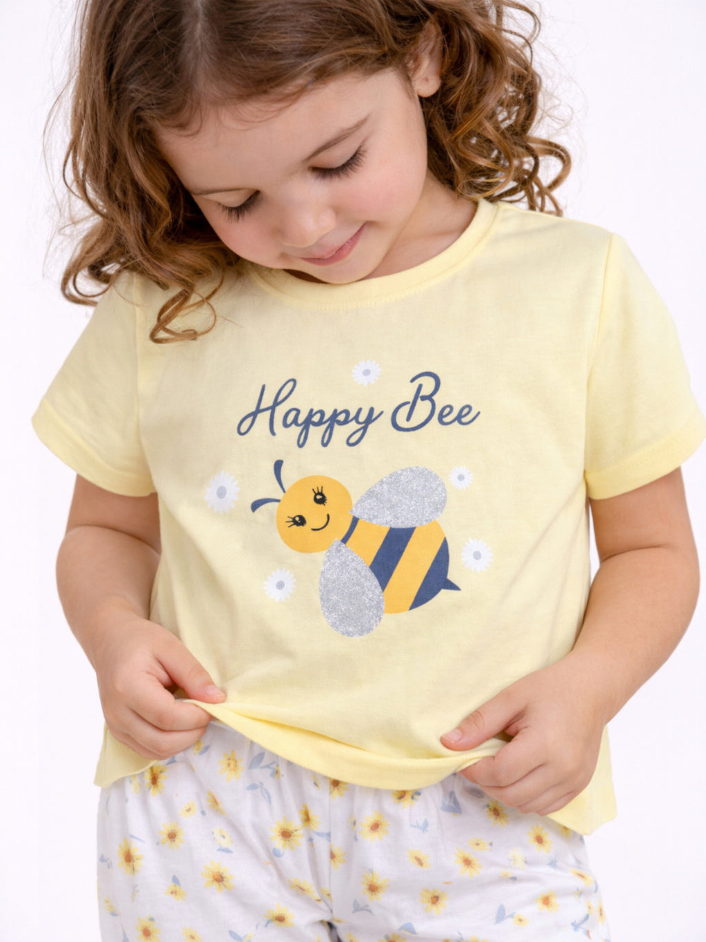 Girls Bee Print Cotton Pajama Set “ T-Shirt & Full Pants Nightwear
