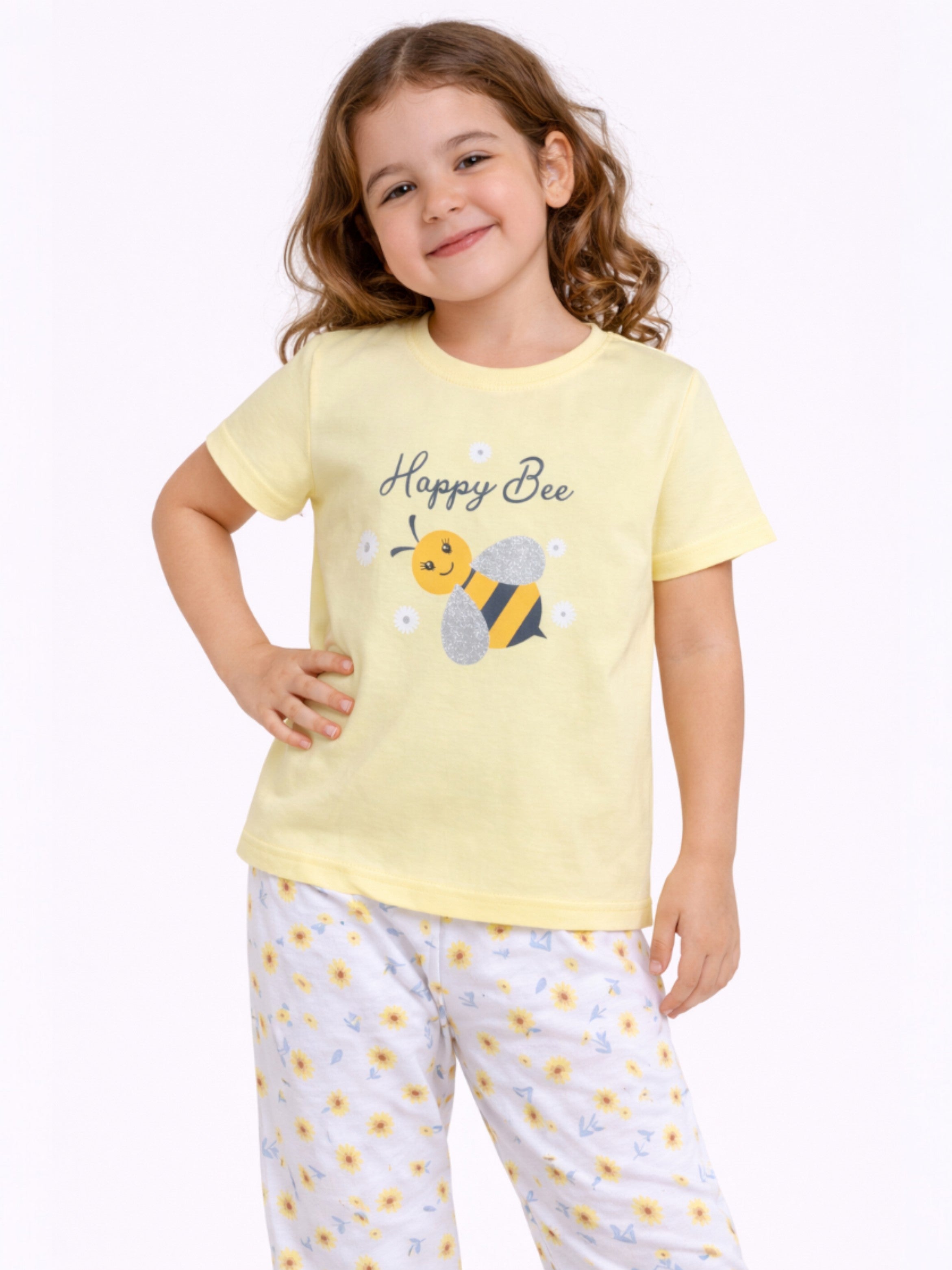 Girls Bee Print Cotton Pajama Set “ T-Shirt & Full Pants Nightwear