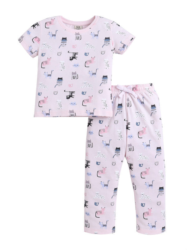 Girls Cat Print Cotton Pajama Set “ T-Shirt & Full Pants Nightwear
