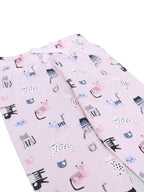Girls Cat Print Cotton Pajama Set “ T-Shirt & Full Pants Nightwear