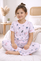 Girls Cat Print Cotton Pajama Set “ T-Shirt & Full Pants Nightwear