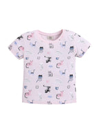 Girls Cat Print Cotton Pajama Set “ T-Shirt & Full Pants Nightwear