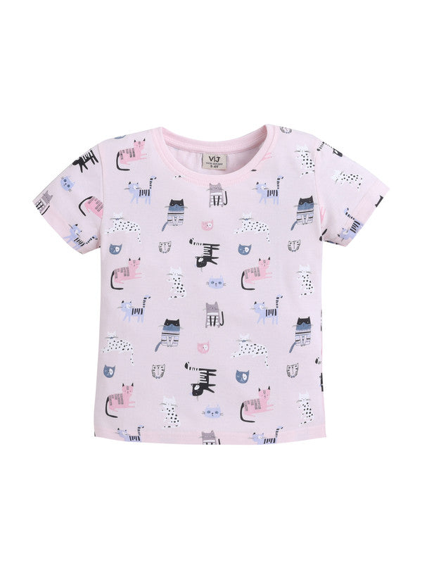 Girls Cat Print Cotton Pajama Set “ T-Shirt & Full Pants Nightwear