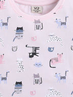 Girls Cat Print Cotton Pajama Set “ T-Shirt & Full Pants Nightwear