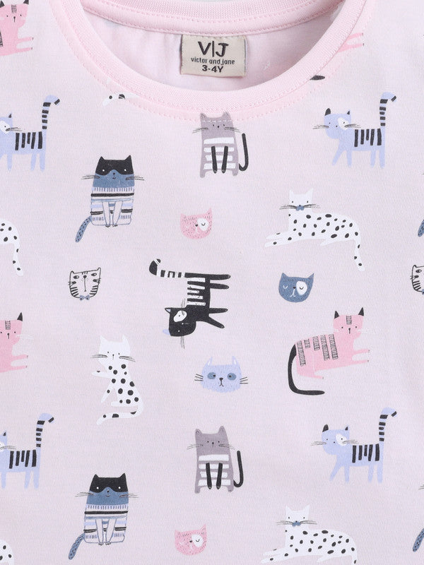 Girls Cat Print Cotton Pajama Set “ T-Shirt & Full Pants Nightwear