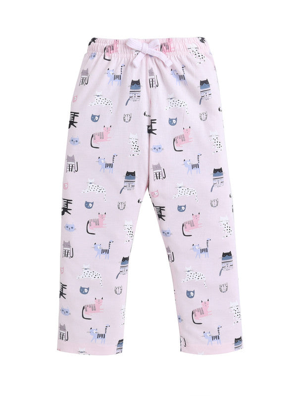 Girls Cat Print Cotton Pajama Set “ T-Shirt & Full Pants Nightwear