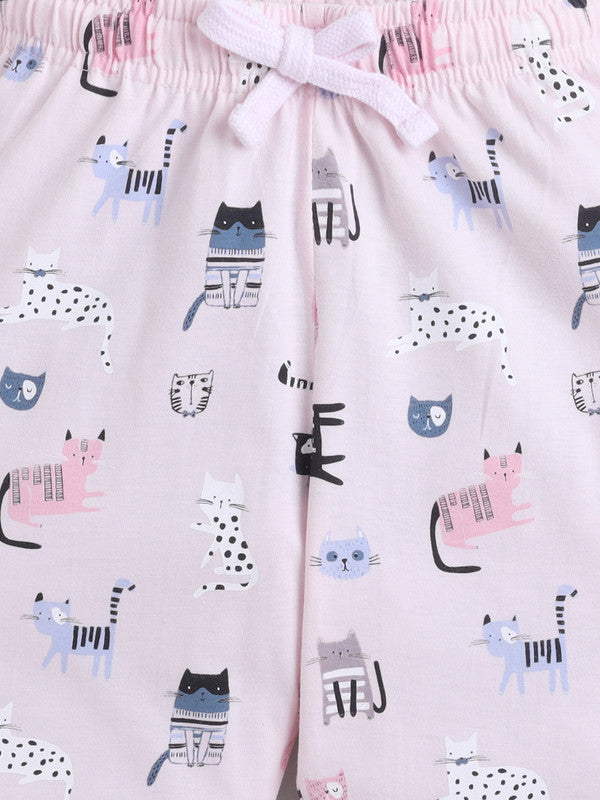 Girls Cat Print Cotton Pajama Set “ T-Shirt & Full Pants Nightwear