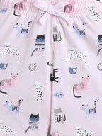 Girls Cat Print Cotton Pajama Set “ T-Shirt & Full Pants Nightwear