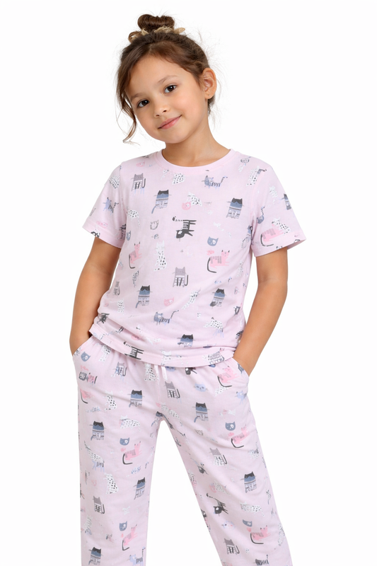 Girls Cat Print Cotton Pajama Set “ T-Shirt & Full Pants Nightwear