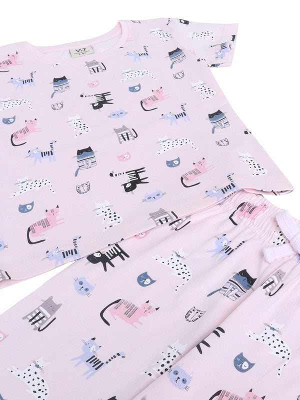 Girls Cat Print Cotton Pajama Set “ T-Shirt & Full Pants Nightwear