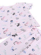 Girls Cat Print Cotton Pajama Set “ T-Shirt & Full Pants Nightwear