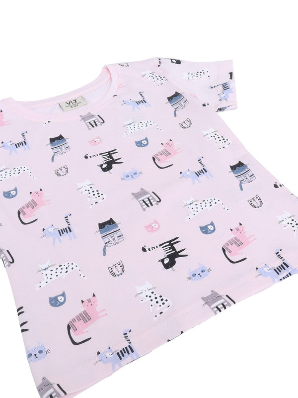 Girls Cat Print Cotton Pajama Set “ T-Shirt & Full Pants Nightwear