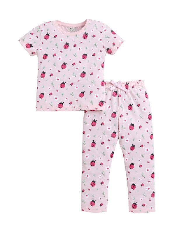 Girls Ladybug Print Cotton Pajama Set “ T-Shirt & Full Pants Nightwear