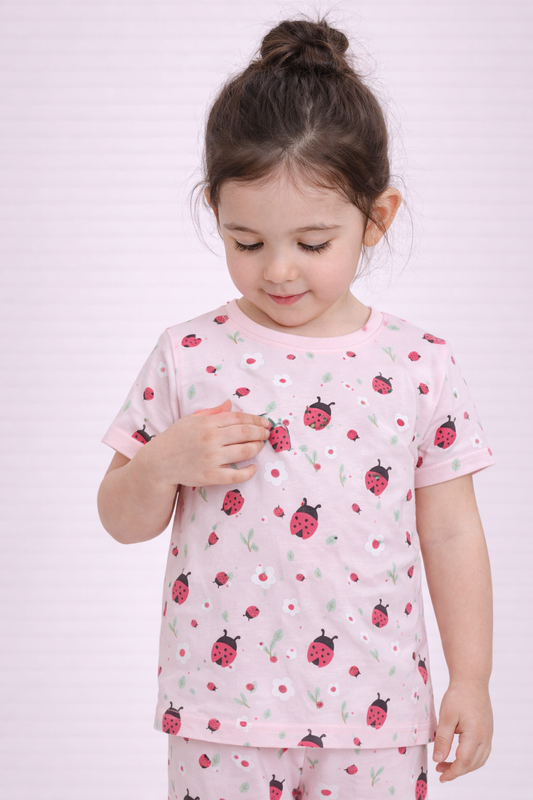 Girls Ladybug Print Cotton Pajama Set “ T-Shirt & Full Pants Nightwear