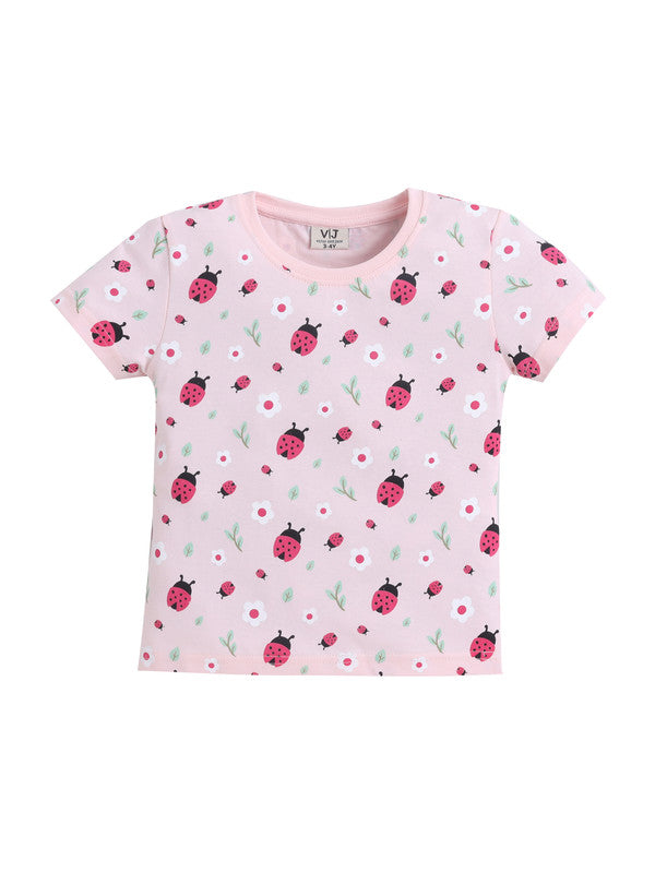 Girls Ladybug Print Cotton Pajama Set “ T-Shirt & Full Pants Nightwear