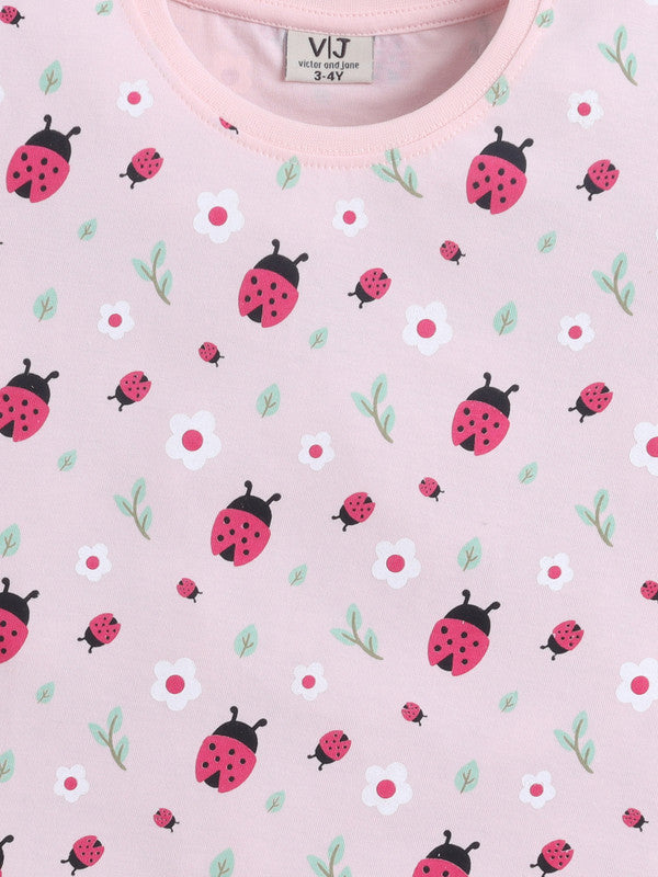Girls Ladybug Print Cotton Pajama Set “ T-Shirt & Full Pants Nightwear
