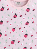 Girls Ladybug Print Cotton Pajama Set “ T-Shirt & Full Pants Nightwear