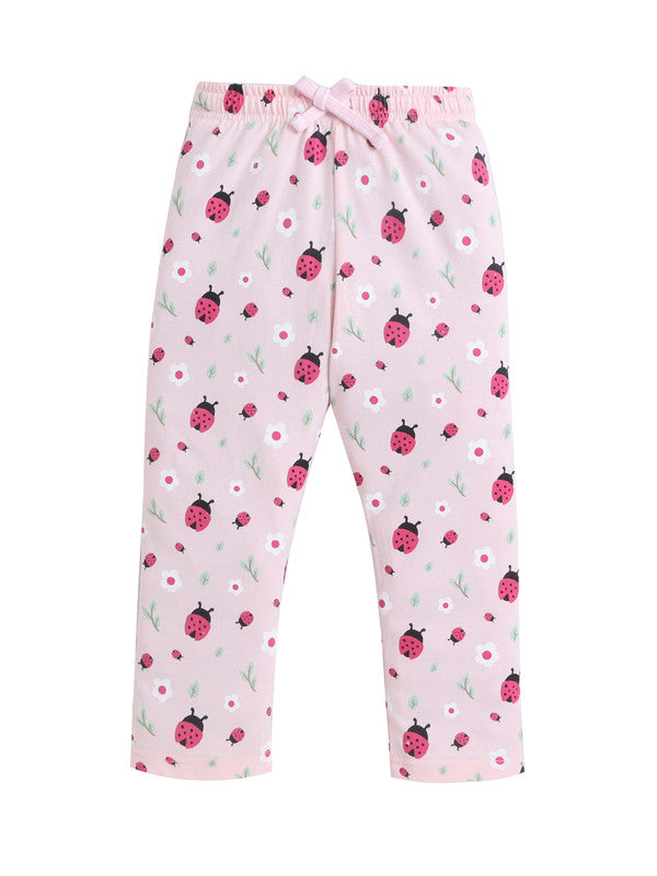 Girls Ladybug Print Cotton Pajama Set “ T-Shirt & Full Pants Nightwear