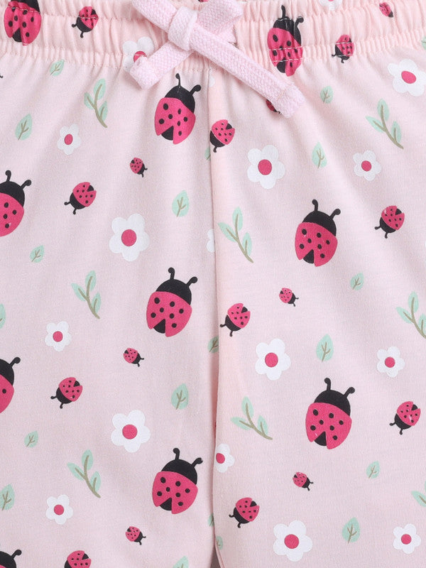 Girls Ladybug Print Cotton Pajama Set “ T-Shirt & Full Pants Nightwear