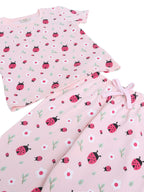 Girls Ladybug Print Cotton Pajama Set “ T-Shirt & Full Pants Nightwear