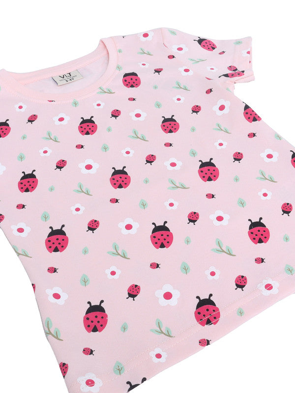 Girls Ladybug Print Cotton Pajama Set “ T-Shirt & Full Pants Nightwear