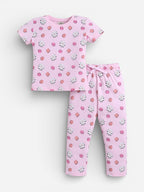 Girls Floral Print Cotton Pajama Set “ T-Shirt & Full Pants Nightwear