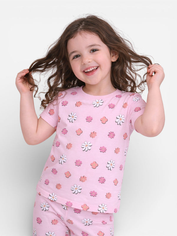 Girls Floral Print Cotton Pajama Set “ T-Shirt & Full Pants Nightwear