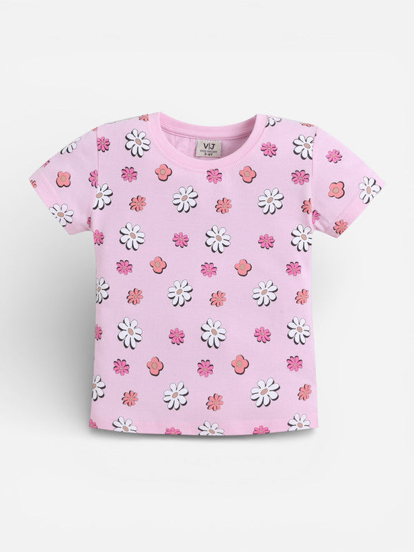 Girls Floral Print Cotton Pajama Set “ T-Shirt & Full Pants Nightwear