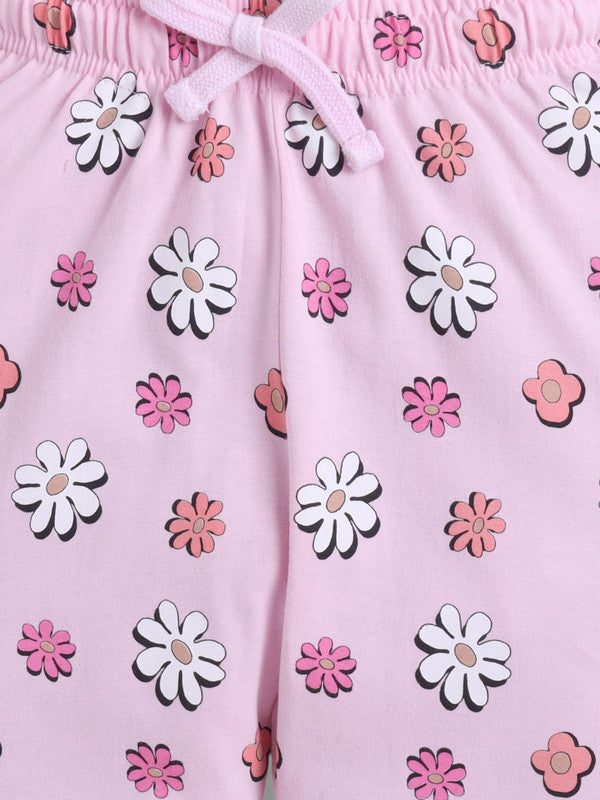 Girls Floral Print Cotton Pajama Set “ T-Shirt & Full Pants Nightwear
